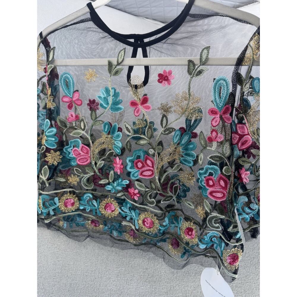 SHEIN VCAY Embroidered Floral Mesh Crop Top Women’s XL Black Sheer NWT - Picture 4 of 14